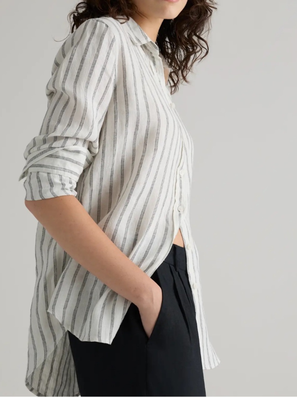 Quince 100% European Linen Long Sleeve Shit Cameal/ Black Stipe Size Small - Picture 3 of 8